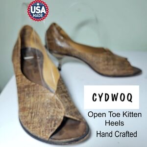 CYDWOQ Vintage Womens 7 37 Leather Peep Toe Kitten Heel Pumps USA Handmade Shoes